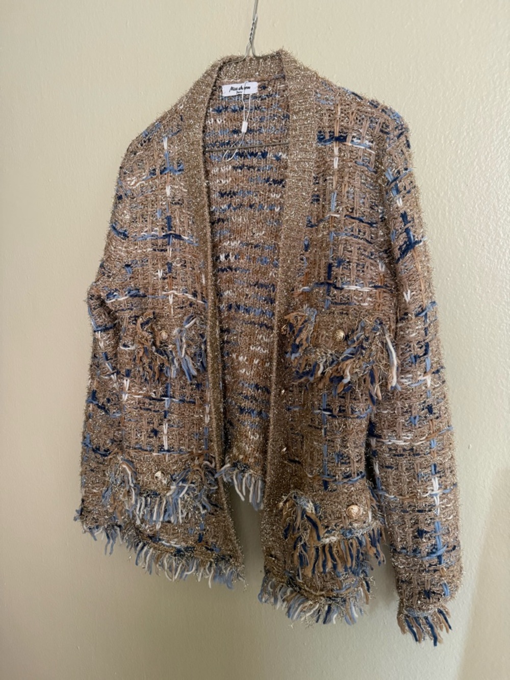 EGO Textured Fringe Open Cardigan in Brown and Blue